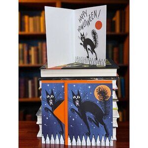 VTG Halloween Greeting Card Black Cat Pumpkin Moon 100% Recycled Paper NOS 1988